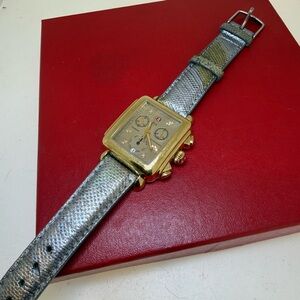 Authentic Michele Deco Rare Gold Diamond Dial Chronograph Gold Tone Watch